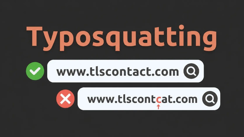Typosquatting comparison showing the legitimate tlscontact.com versus the impersonating tlscontcat.com domain