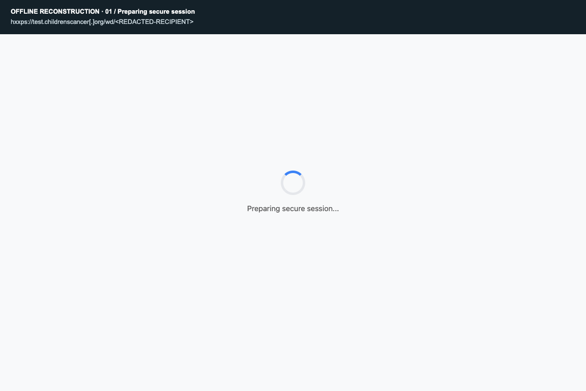 Offline rendering of the initial Preparing secure session screen with the recipient URL redacted.
