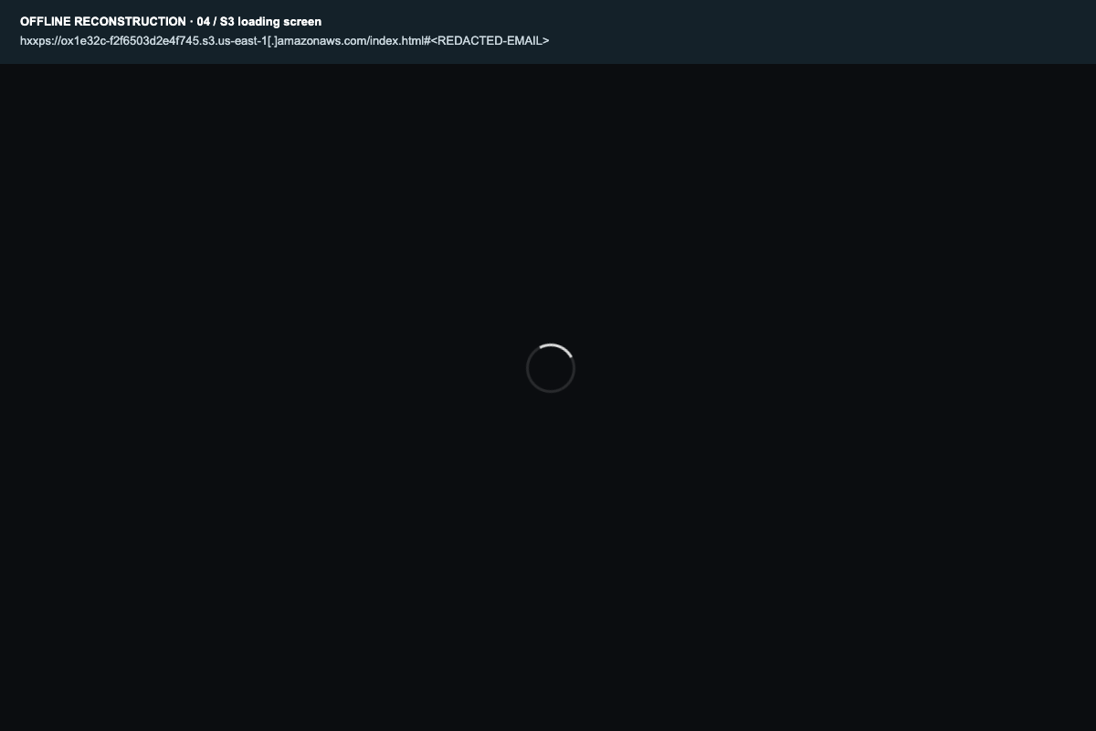 Offline reconstruction of the dark S3 loading page before the encoded HTML is displayed.