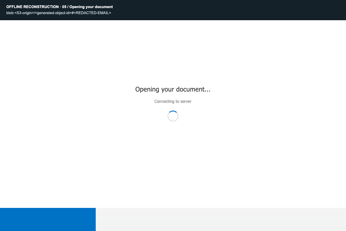 Reconstructed Outlook overlay claiming it is opening a document and connecting to a server.