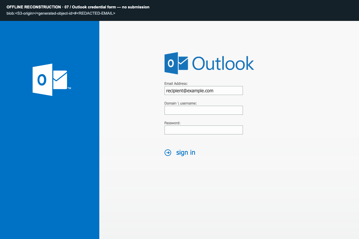 Offline Outlook login clone with a placeholder recipient email, domain and username field, and empty password field.