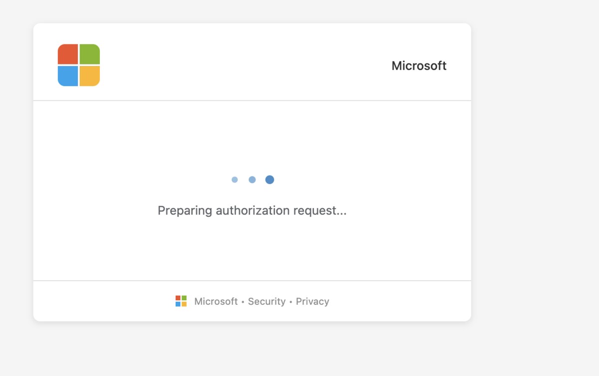 The first phishing screen: a Microsoft-branded card with the four-square logo, an animated three-dot loader, the text Preparing authorization request, and a Microsoft, Security, Privacy footer.