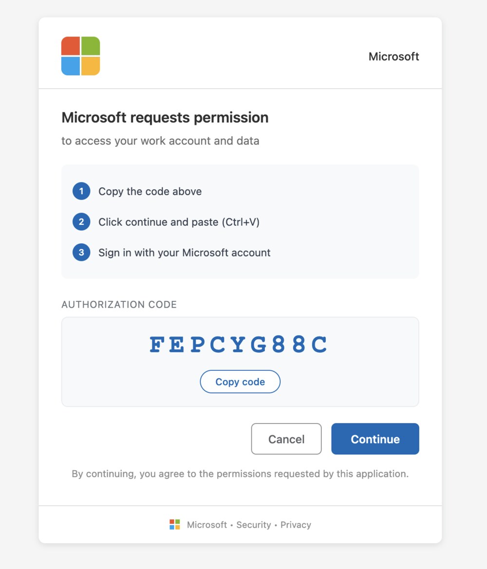 The second phishing screen: Microsoft requests permission to access your work account and data, with three steps telling the victim to copy the code and sign in, above an authorization code reading FEPCYG88C.