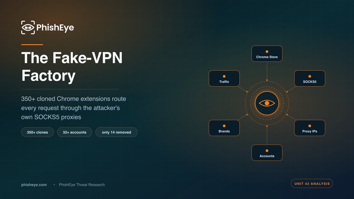 Fake VPN extensions cover: a fake VPN Chrome extension routing all browsing through 15 attacker SOCKS5 proxy servers, with stat tiles reading 350-plus clones, 32-plus accounts, and only 14 removed.