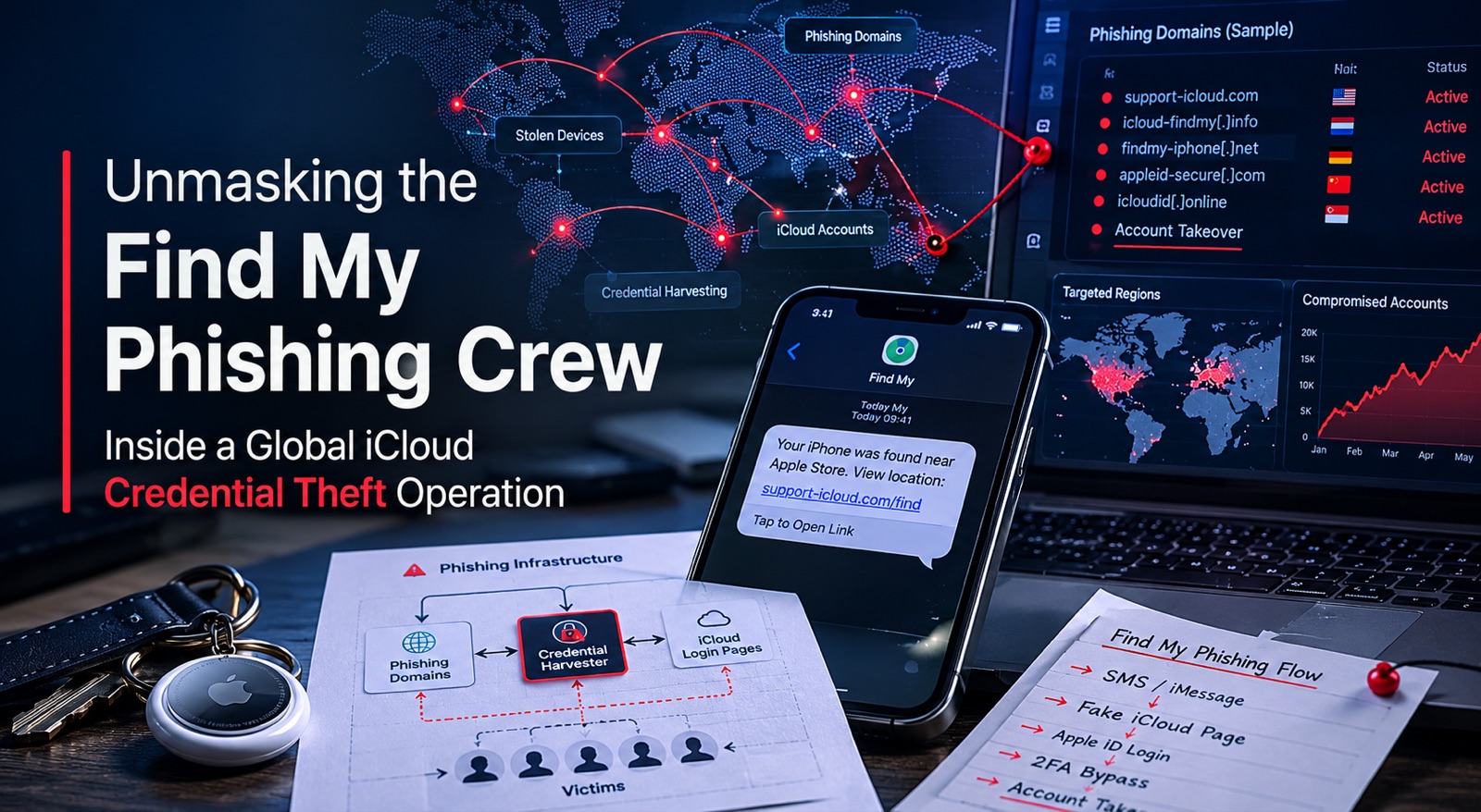 Unmasking the Find My Phishing Crew — a Find My smishing text, a global phishing-domain map, an iCloud credential-harvester flow diagram, and an AirTag on a keyring.