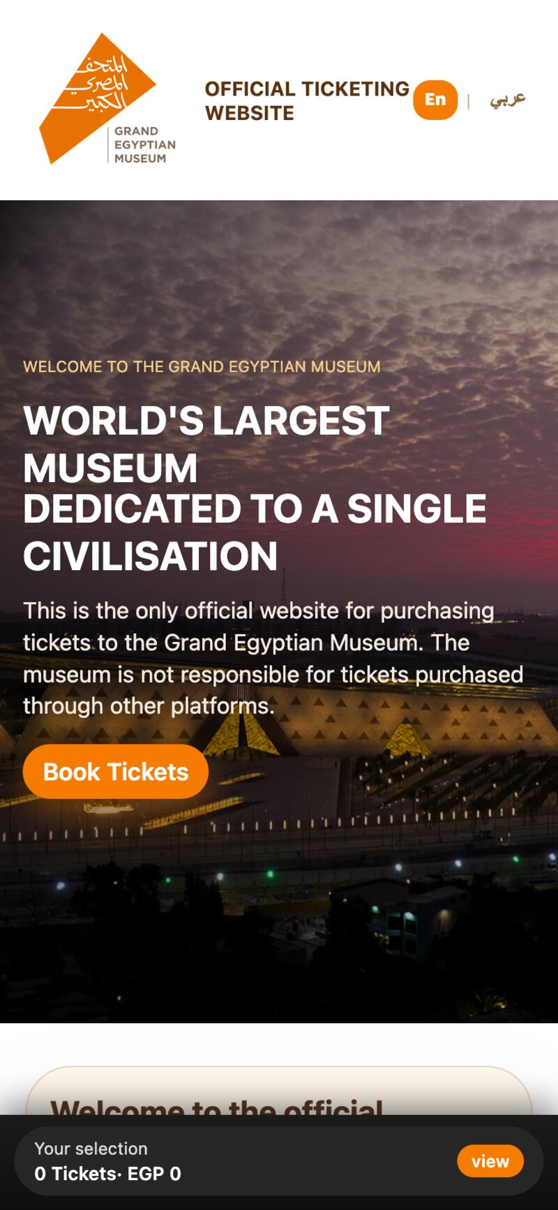 Fake Grand Egyptian Museum ticketing homepage using the museum's real logo and photography, labelled 'OFFICIAL TICKETING WEBSITE', with a Book Tickets call to action.