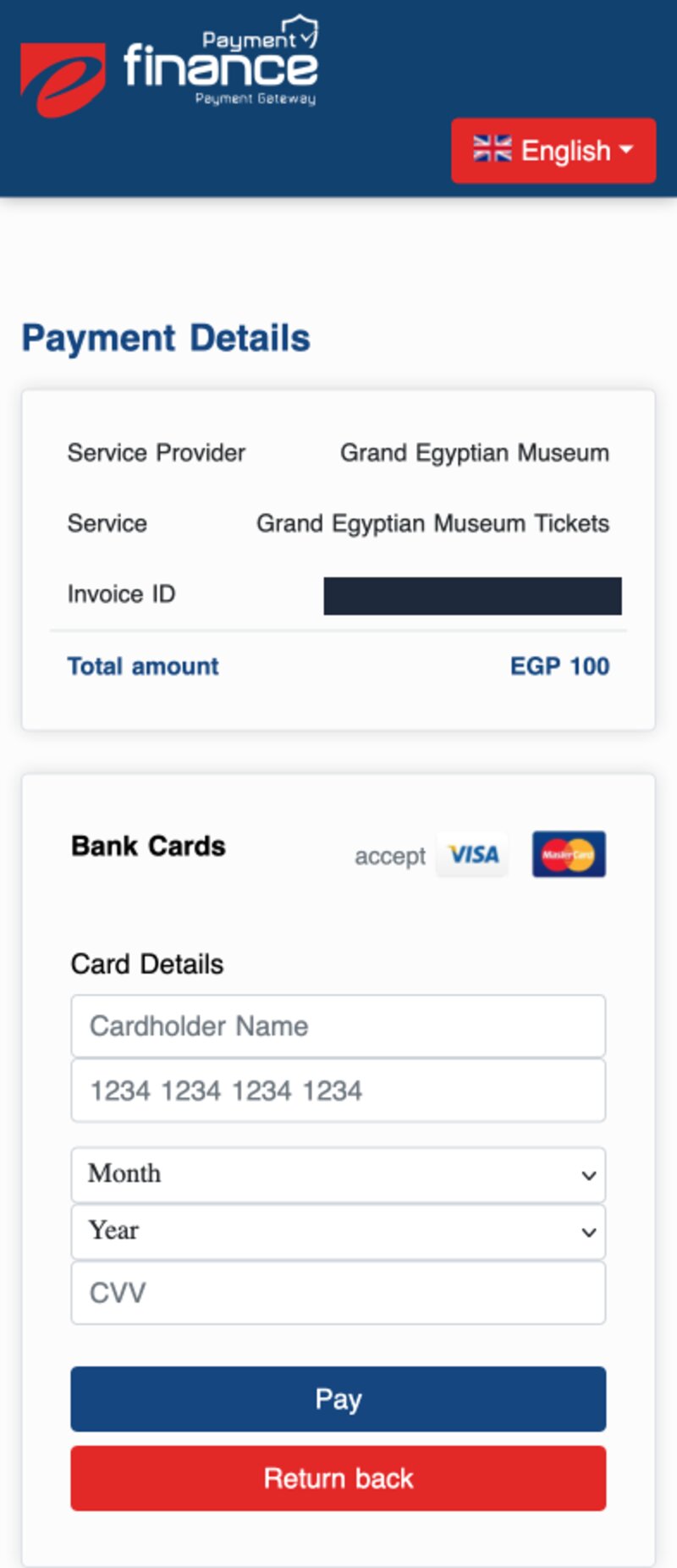 Fake payment gateway page for Grand Egyptian Museum tickets, total EGP 100, with a card-details form requesting cardholder name, card number, expiry and CVV.