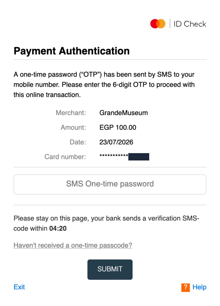 Fake Mastercard ID Check screen asking for the 6-digit SMS one-time password, with merchant, amount, a redacted card number, and a countdown timer pressuring the visitor.