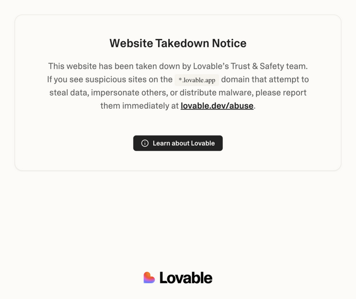 Lovable Website Takedown Notice stating that the site was taken down by Lovable's Trust and Safety team, with a link for reporting abuse