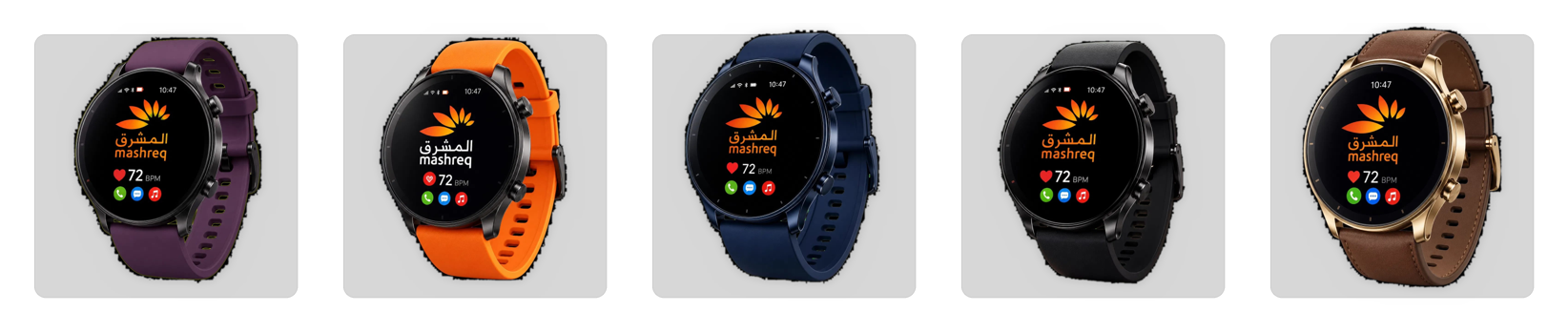 Five smartwatch product photographs on white cards: purple, orange, dark blue, black and brown watches, each centred on a rounded grey card, as processed by the AI agent from the operator's raw photos