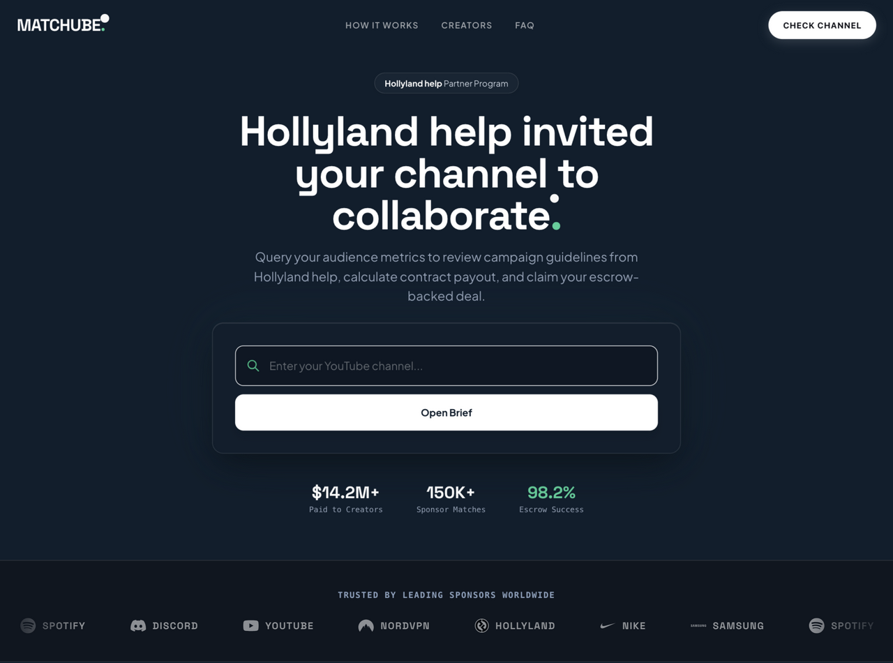 Live Matchube phishing page captured by PhishEye Research: Hollyland partner program invitation with channel lookup, escrow statistics, and brand logo wall