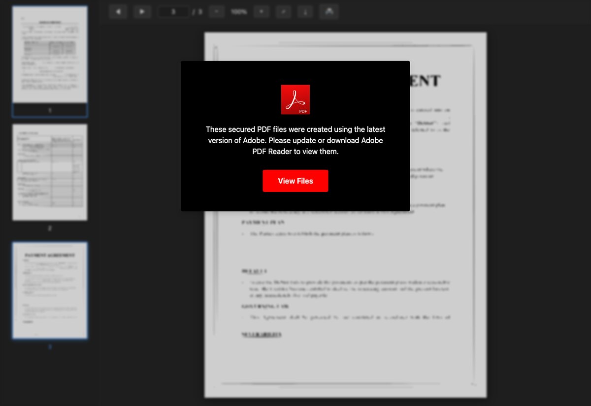 Fake PDF viewer on a compromised coaching site: three blurred document thumbnails behind a black modal with an Adobe icon, text claiming the files need a newer Adobe Reader, and a red View Files button.