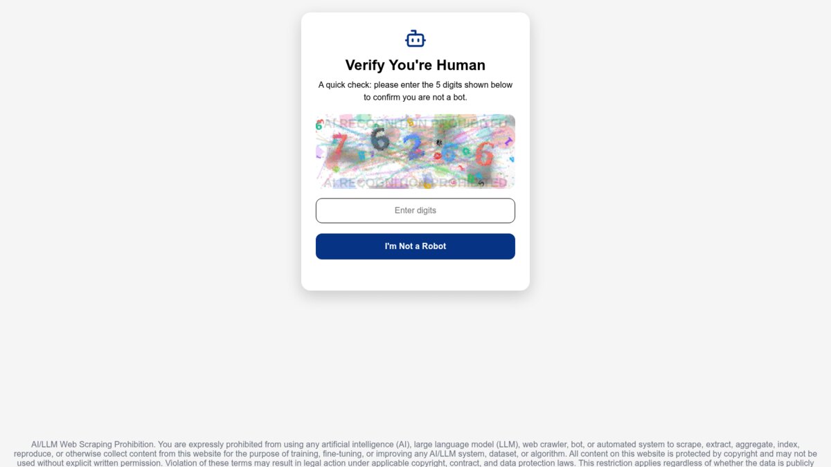 A live phishing gate at form.hand-made-easy dot com slash captcha: a white card reading Verify You're Human, asking the visitor to enter 5 digits from a distorted image to confirm they are not a bot, with an I'm Not a Robot button. The distorted image has the words AI RECOGNITION PROHIBITED watermarked across it, and the page footer carries an AI/LLM web-scraping prohibition notice.