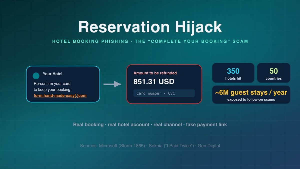 Reservation Hijack cover: a message from Your Hotel asking the guest to re-confirm their card at a fake domain, an arrow to a fake payment card showing 851.31 USD to be refunded and a card-number field, with stat tiles reading 350 hotels, 50 countries, and about 6 million guest stays a year exposed.