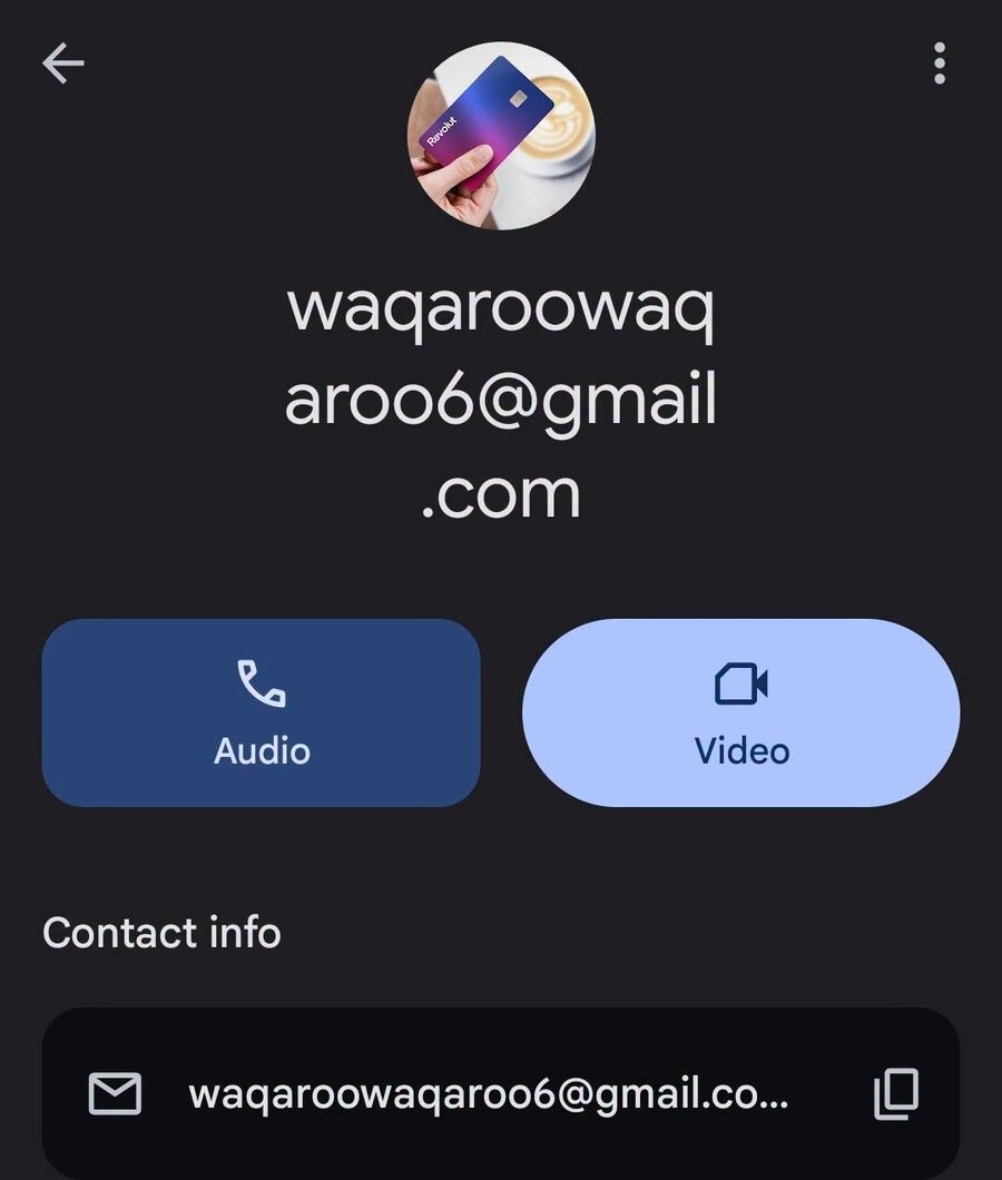A Google Meet contact card showing a generic Gmail address with a Revolut card photograph as the profile picture, offering audio and video call buttons.