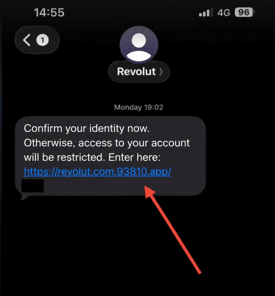 Phishing SMS displayed under the sender name Revolut reading confirm your identity now, otherwise access to your account will be restricted, followed by a link to revolut.com.93810[.]app.