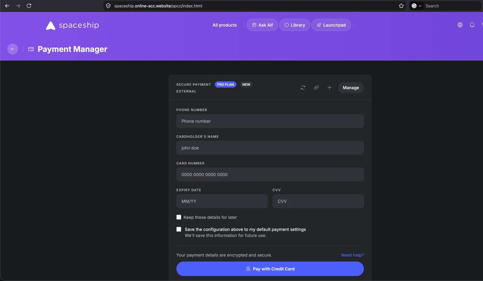 Live phishing page at spaceship.online-acc.website showing a purple Spaceship header with Ask Alf, Library and Launchpad in the navigation, above a dark Payment Manager panel collecting phone number, cardholder name, card number, expiry and CVV.