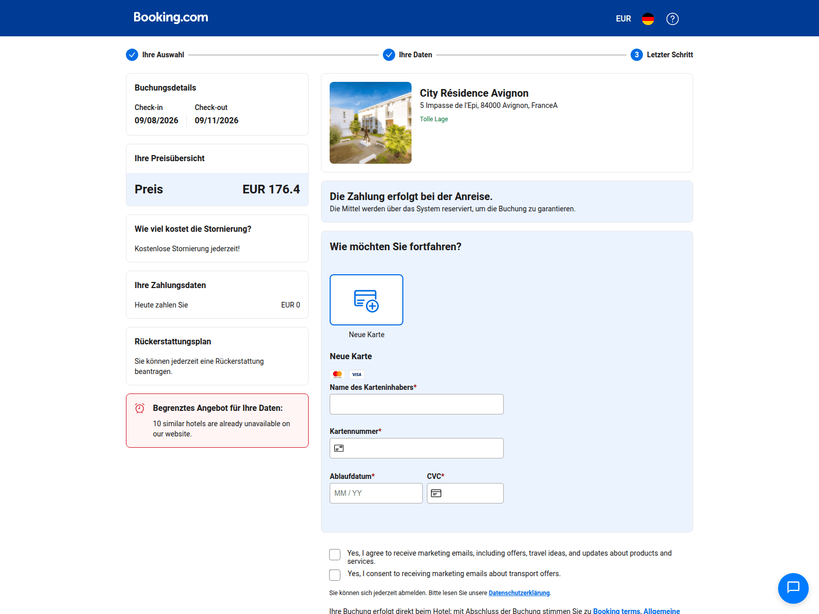 Preserved September scan showing an impersonated Booking.com checkout with empty card-number, expiry, and CVC fields.