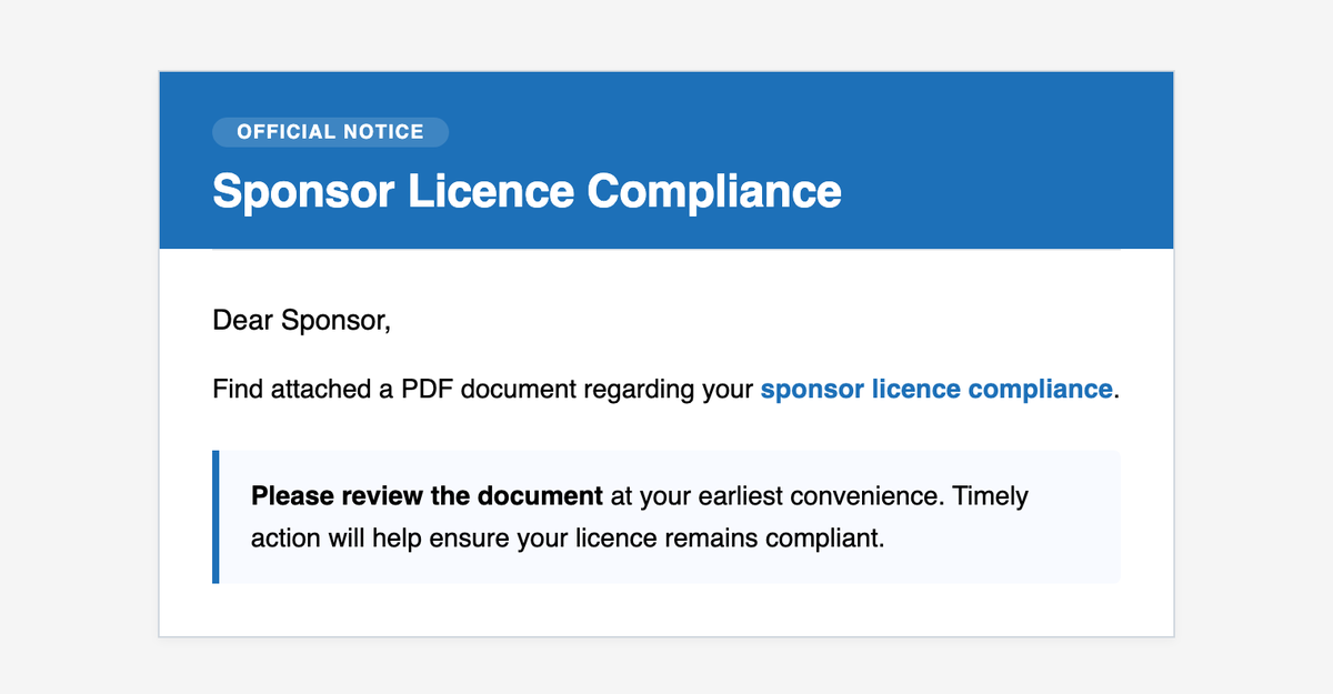 HTML body of the phishing email: a blue Official Notice banner titled Sponsor Licence Compliance, then Dear Sponsor, find attached a PDF about your sponsor licence compliance, and a note asking you to review it.