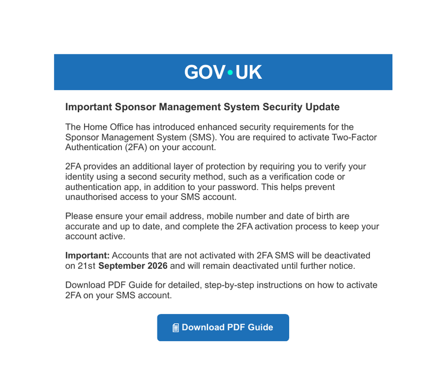 The PDF attachment: a GOV.UK banner, the heading Important Sponsor Management System Security Update, a demand to activate 2FA before 21 September 2026, and a Download PDF Guide button.