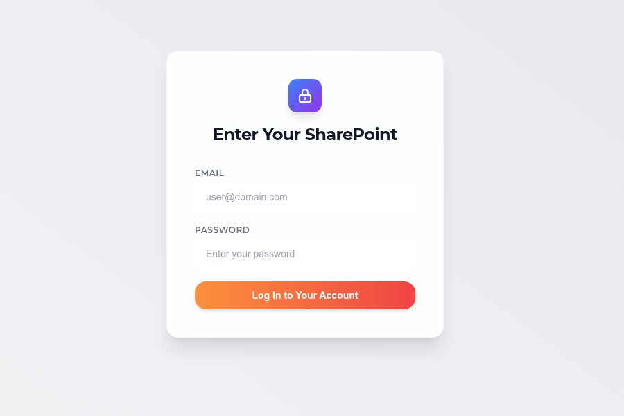 Live screenshot of the Enter Your SharePoint phishing kit: a generic credential card with a purple lock icon, email and password fields, and no real Microsoft branding. Self-hosted; URL defanged, no credentials submitted.