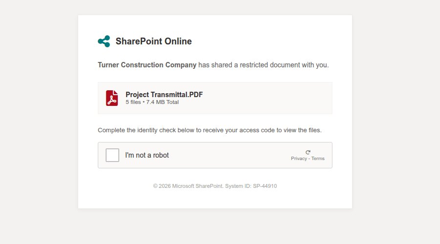 Live screenshot of the turnervault.net SharePoint Online phishing lure: a fake message that Turner Construction Company shared a Project Transmittal.PDF, plus a fake I'm-not-a-robot identity check. URL defanged, nothing submitted.